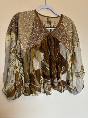 Anthropologie Bl-nk London Floral Boho Sequin Tunic Top Peasant Sz XS Prairie